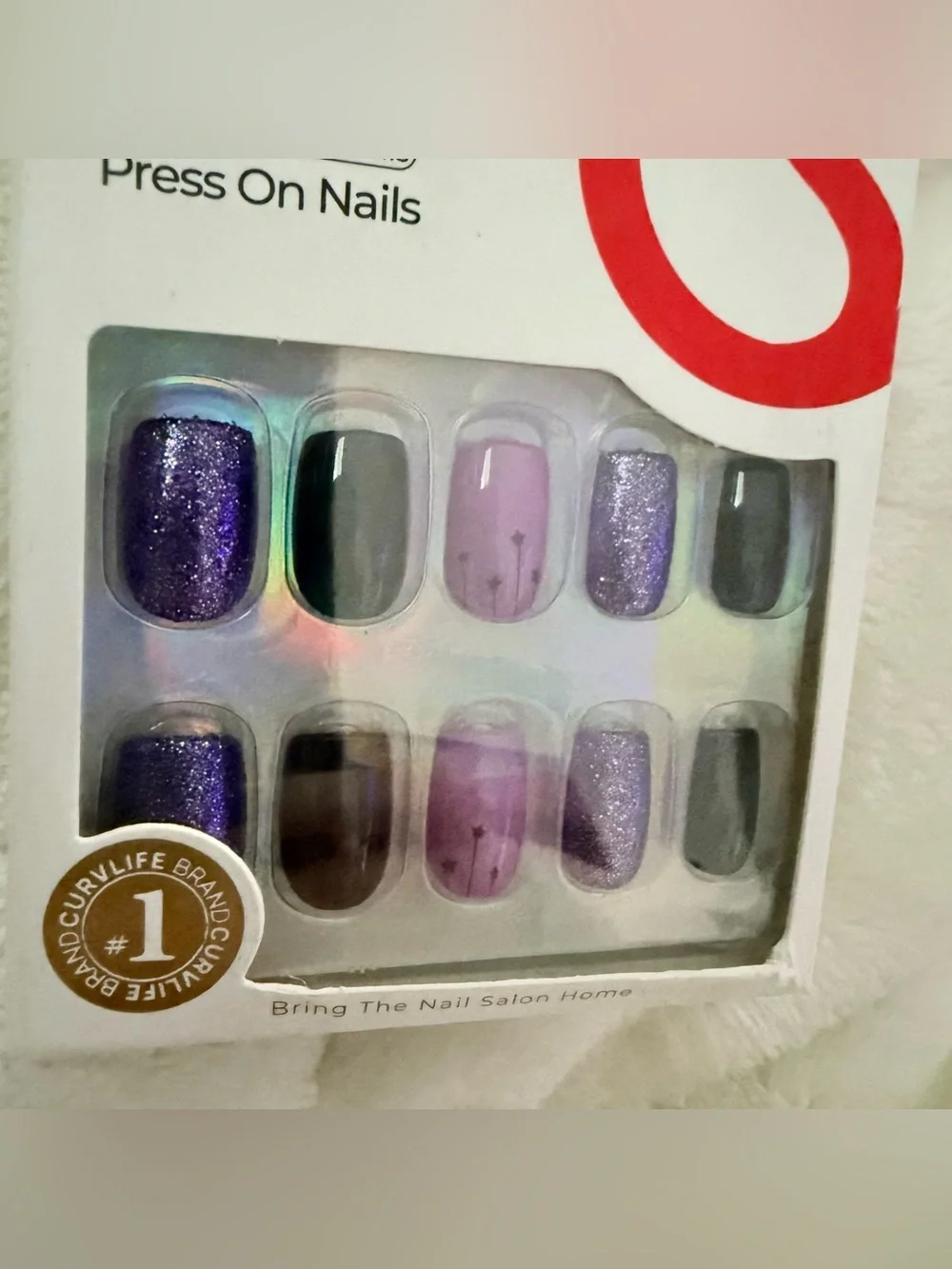 New Curvlife Press On Nails - Purple & Black Glitter Short Squoval Cosmic Dust